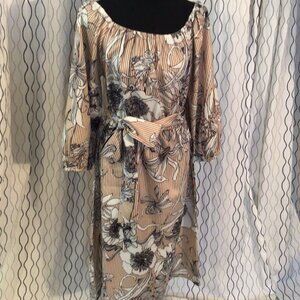 Striped, belted off the shoulder dress